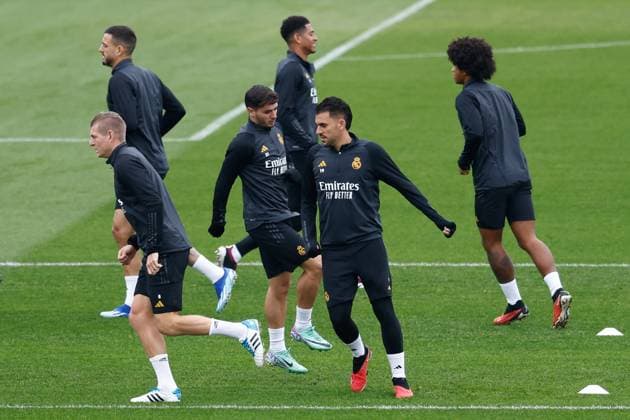 November 28, 2023, VALDEBEBAS, MADRID, SPAIN: Toni Kroos, Brahim Diaz and Dani Ceballos during the training day before the UEFA Champions League, Group C, football match to play between Real Madrid and SSC Napoli at Ciudad Deportiva Real Madrid on November 28, 2023, in Valdebebas, Madrid, Spain. VALDEBEBAS SPAIN - ZUMAa181 20231128_zaa_a181_003 Copyright: xOscarxJ.xBarrosox