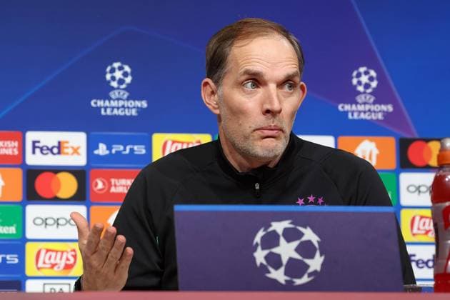 Thomas Tuchel FC Bayern Muenchen, head coach at the press conference, gesture, shows with hand, skeptical look, International Press Conference FC Bayern Muenchen, Football, UEFA Champions League, Preliminary Round, Matchday 5, Season 23 24, 28 11 2023 , International Press Conference FC Bayern Muenchen, Football, UEFA Champions League, Preliminary Round, Matchday 5, Season 23 24, 28 11 2023 Muenchen Copyright: xEibner-Pressefoto JennixMaulx EP_JML