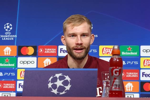 Konrad Laimer FC Bayern Muenchen, 27 at the press conference, International Press Conference FC Bayern Muenchen, Football, UEFA Champions League, Preliminary Round, Matchday 5, Season 23 24, 28 11 2023 , International Press Conference FC Bayern Muenchen, Football, UEFA Champions League, Preliminary Round, Matchday 5, Season 23 24, 28 11 2023 Muenchen Copyright: xEibner-Pressefoto JennixMaulx EP_JML