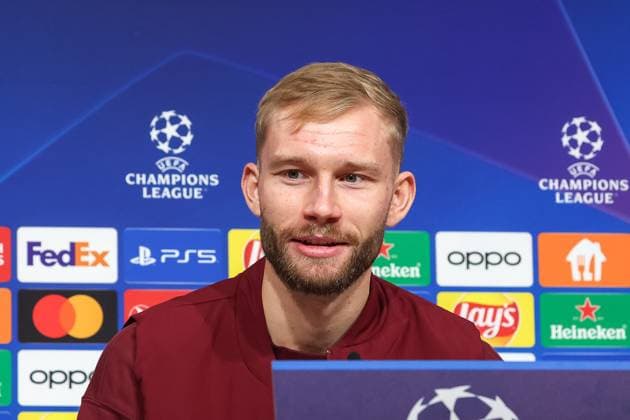 Konrad Laimer FC Bayern Muenchen, 27 at the press conference, International Press Conference FC Bayern Muenchen, Football, UEFA Champions League, Preliminary Round, Matchday 5, Season 23 24, 28 11 2023 , International Press Conference FC Bayern Muenchen, Football, UEFA Champions League, Preliminary Round, Matchday 5, Season 23 24, 28 11 2023 Muenchen Copyright: xEibner-Pressefoto JennixMaulx EP_JML