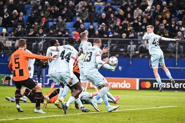 Shakhtar s Mykola Matviyenko scores a goal during a soccer match between Ukrainian Shakthar Donetsk and Belgian Royal Antwerp FC, on Tuesday 28 November 2023 in Hamburg, Germany, on day five of the Champions League group stage, in group H. TOM GOYVAERTS TomxGoyvaerts  x81022396x