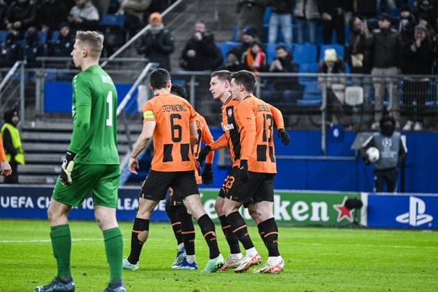 Shakhtar s Mykola Matviyenko celebrates after scoring during a soccer match between Ukrainian Shakthar Donetsk and Belgian Royal Antwerp FC, on Tuesday 28 November 2023 in Hamburg, Germany, on day five of the Champions League group stage, in group H. TOM GOYVAERTS TomxGoyvaerts  x81022412x