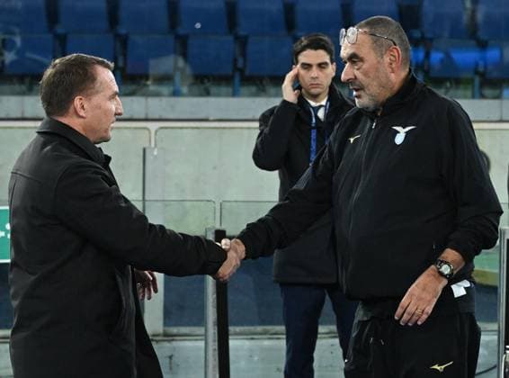 November 28, 2023, Rome: Lazio s coach, Maurizio Sarri (R), greets counterpart of Celtic,Brendan Rodgers, during UEFA Champions League Group E soccer match, SS Lazio vs Celtic FC,at Olimpico stadium in Rome,Italy, 28 November 2023. ANSA MAURIZIO BRAMBATTI CHAMPIONS LEAGUE: LAZIO vs CELTIC - ZUMAa110 20231128_zaf_a110_031 Copyright: xMaurizioxBrambattix