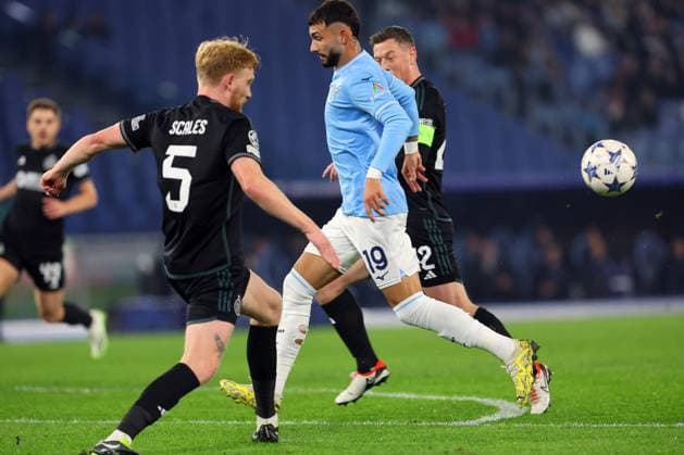 UEFA CHAMPIONS LEAGUE 2023-2024 - GROUP E - SS Lazio vs Celtic Glasgow, Olympic Stadium in Rome on 28th november 2023 Rome, Italy 28.11.2023: Liam Scales of Celtic, Taty Castellanos of Lazio in action during the Uefa Champions League 2023-2024 football, group E, between SS Lazio vs Celtic Glasgow at Olympic Stadium in Rome. Rome Olympic italy italy Copyright: xmarcoxiacobucci