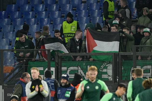 UEFA Champions League football match - SS Lazio vs Celtic FC Celtic supporters with the Palestinian flag during the UEFA Champions League 2023-2024 football match between SS Lazio and Celtic FC at the Olympic Stadium in Rome on November 28, 2023. Rome Italy  Copyright: xIPAxSport ABACAx