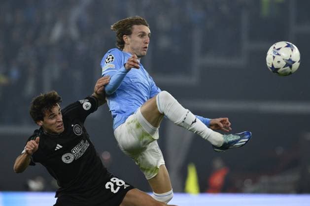 Paulo Bernardo of Celtic C.F.C. and Nicolo Rovella of S.S. Lazio during the 5th day of the UEFA Champions League Group E between S.S. Lazio - Celtic F.C. on 28 November 2023 at the Olympic Stadium in Rome, Italy.  Copyright: xDomenicoxCippitelli IPAxSportx x xx IPA_41915414 IPA_Agency_IPA41915414
