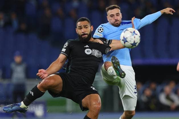 UEFA Champions League football match - SS Lazio vs Celtic FC Rome, Italy 28.11.2023: Cameron Carter-Vickers of Celtic fight for the ball with Maria Gila of Lazio in the Uefa Champions League 2023-2024 football, group E, between SS Lazio vs Celtic Glasgow at Olympic Stadium in Rome. Rome Italy  Copyright: xIPAxSport ABACAx