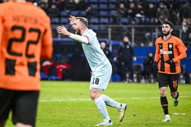 Antwerp s Vincent Janssen reacts during a soccer match between Ukrainian Shakthar Donetsk and Belgian Royal Antwerp FC, on Tuesday 28 November 2023 in Hamburg, Germany, on day five of the Champions League group stage, in group H. TOM GOYVAERTS TomxGoyvaerts  x81026952x