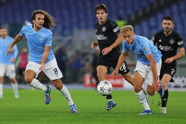 UEFA CHAMPIONS LEAGUE 2023-2024 - GROUP E - SS Lazio vs Celtic Glasgow, Olympic Stadium in Rome on 28th november 2023 Rome, Italy 28.11.2023: Guendouzi of Lazio , Gustav Isaksen of Lazio in action during the Uefa Champions League 2023-2024 football, group E, between SS Lazio vs Celtic Glasgow at Olympic Stadium in Rome. Rome Olympic italy italy Copyright: xmarcoxiacobucci