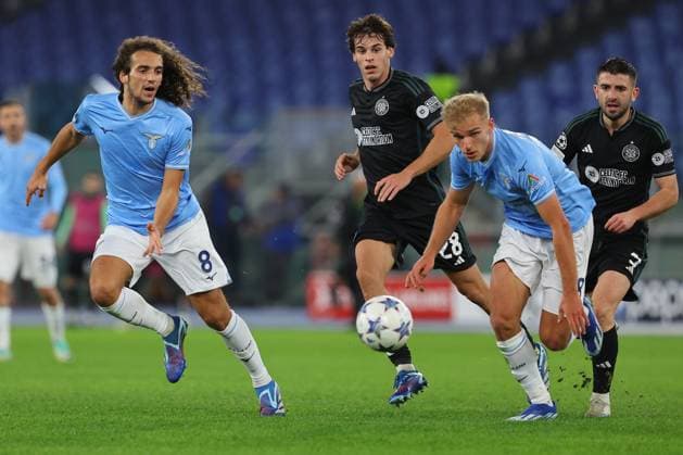 Rome, Italy 28.11.2023: Guendouzi of Lazio , Gustav Isaksen of Lazio in action during the Uefa Champions League 2023-2024 football, group E, between SS Lazio vs Celtic Glasgow at Olympic Stadium in Rome.  Copyright: xMarcoxIacobucci IPAxSportx xipa-x xx IPA_41916506 IPA_Agency_IPA41916506