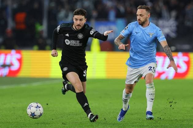 UEFA Champions League football match - SS Lazio vs Celtic FC Rome, Italy 28.11.2023: Mikey Johnston of Celtic, Manuel Lazzari of Lazio in action during the Uefa Champions League 2023-2024 football, group E, between SS Lazio vs Celtic Glasgow at Olympic Stadium in Rome. Rome Italy  Copyright: xIPAxSport ABACAx