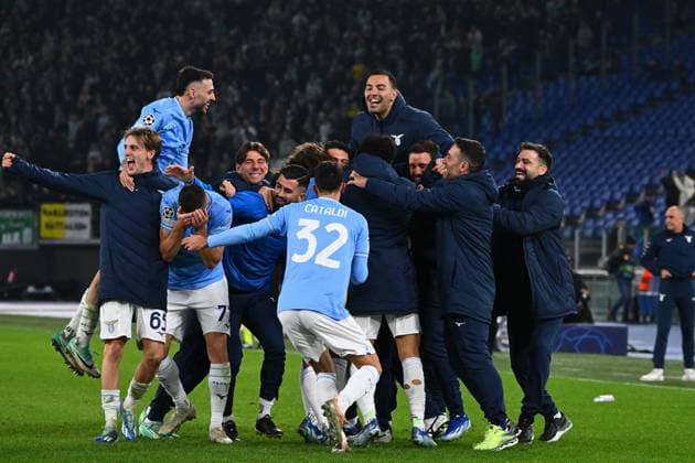 Ciro Immobile of SS Lazio celebrates with teammates after scoring during the Uefa Champions League match between SS Lazio and Celtic FC at Stadio Olimpico Rome Italy on 28 November 2023. Photo Nicola Ianuale Rome Stadio Olimpico Rome Italy Copyright: xNicolaxIanualex SP24-763-022