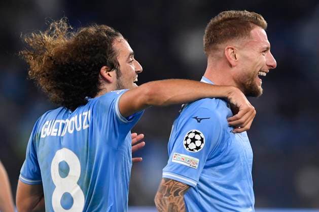 Ciro Immobile of SS Lazio celebrates with Matteo Guendouzi after scoring the goal of 2-0 during the Champions League Group E football match between SS Lazio and Celtic at Olimpico stadium in Rome (Italy), November 28th, 2023. AntoniettaxBaldassarre