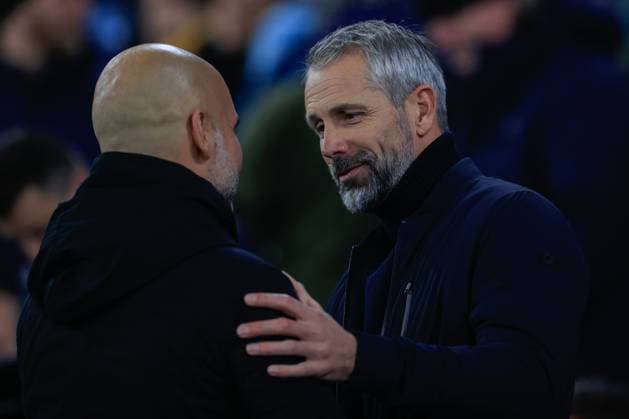 UEFA Champions League Group G Manchester City v RB Leipzig Pep Guardiola manager of Manchester City and Marco Rose manager of RB Leipzig in conversation ahead of the UEFA Champions League Group G match Manchester City vs RB Leipzig at Etihad Stadium, Manchester, United Kingdom, 28th November 2023 (Photo by Conor Molloy News Images) Manchester Etihad Stadium Manchester United, ManU Kingdom Copyright: xConorxMolloy NewsxImagesx