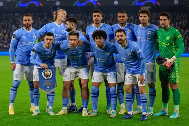UEFA Champions League Group G Manchester City v RB Leipzig Manchester City players line up ahead of the UEFA Champions League Group G match Manchester City vs RB Leipzig at Etihad Stadium, Manchester, United Kingdom, 28th November 2023 (Photo by Conor Molloy News Images) Manchester Etihad Stadium Manchester United, ManU Kingdom Copyright: xConorxMolloy NewsxImagesx