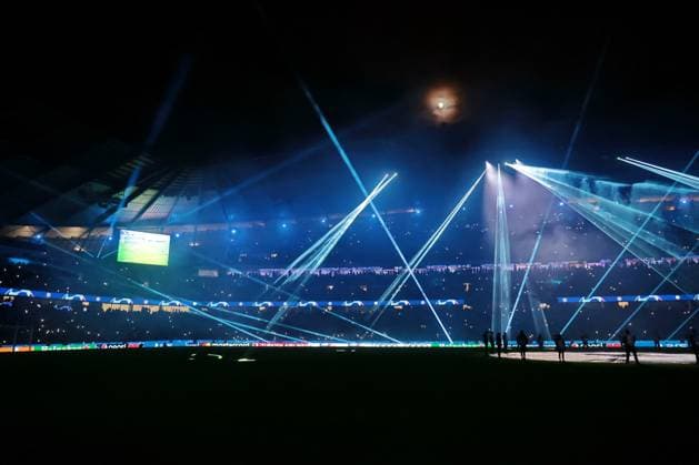 Football - 2023 2024 UEFA Champions League - Group G - Matchday Five of Six - Manchester City vs RB Leipzig - Etihad Stadium - Tuesday 28th November 2023 Dramatic light show before the kick off, at the Etihad. 