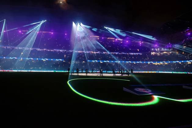 Football - 2023 2024 UEFA Champions League - Group G - Matchday Five of Six - Manchester City vs RB Leipzig - Etihad Stadium - Tuesday 28th November 2023 Dramatic light show before the kick off, at the Etihad. 