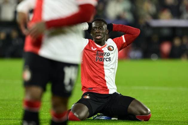 ROTTERDAM - Yankuba Minteh of Feyenoord reacts during the UEFA Champions League Group E match between Feyenoord and Atletico Madrid at Feyenoord Stadion de Kuip on November 28, 2023 in Rotterdam, Netherlands. ANP OLAF KRAAK UEFA Champions League 2023 24 2023 2024 xVIxANPxSportx xxANPxIVx 484967984 originalFilename: 484967984.jpg
