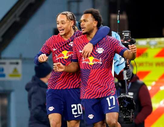 Football - 2023 2024 UEFA Champions League - Group G - Matchday Five of Six - Manchester City vs RB Leipzig - Etihad Stadium - Tuesday 28th November 2023 Lois Openda of RB Leipzig celebrates with Xavi Simons after putting his side 1-0 ahead, at the Etihad. 
