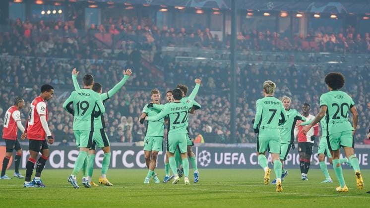 ROTTERDAM, 28-11-2023, Stadium de Kuip, UEFA Champions League, 2023 2024, Group stage, Feyenoord - Atletico Madrid, Atletico Madrid celebrating 0-1 during the match Feyenoord - Atletico Madrid Feyenoord - Atletico Madrid  x23322563x Copyright: