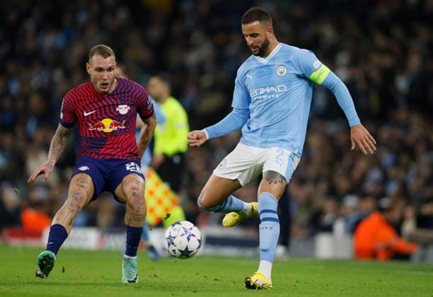 Manchester City v RB Leipzig: Group G - UEFA Champions League 2023 24 David Raum of RB Leipzig and Kyle Walker of Manchester City in action during the UEFA Champions League match between Manchester City and Rb Leipzig at Etihad Stadium on November 28, 2023 in Manchester, United Kingdom. Manchester Etihad Stadium England United Kingdom Copyright: xRichardxSellers Sportsphoto APLx 13961965