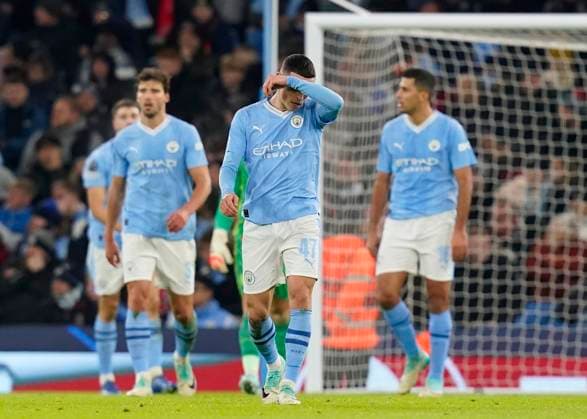 Manchester, England, 28th November 2023. Dejected Phil Foden of Manchester City during the UEFA Champions League match at the Etihad Stadium, Manchester. Picture credit should read: Andrew Yates Sportimage EDITORIAL USE ONLY. No use with unauthorised audio, video, data, fixture lists, club league logos or live services. Online in-match use limited to 120 images, no video emulation. No use in betting, games or single club league player publications. SPI-2749-0032