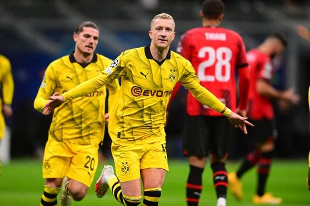 Italy, Milan, 28 11 2023, San Siro Stadium, AC Milan Borussia Dortmund UEFA Champions League 2023 2024 Group F, Marco Reus of Borussia Dortmund celebrates after scoring his team s first goal Milan San Siro Stadium Lombardy Italy  eu-images-560