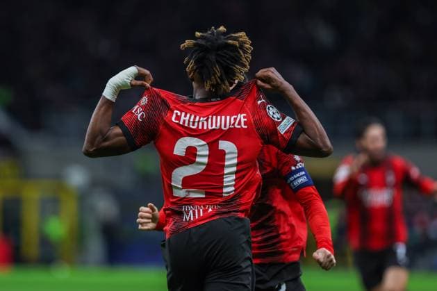 AC Milan vs Borussia Dortmund UEFA Champions League 2023 24 Group Stage Group F 28 11 2023 Samuel Chukwueze of AC Milan celebrates after scoring a goal during UEFA Champions League 2023 24 Group Stage Group F football match between AC Milan and Borussia Dortmund at San Siro Stadium, Milan, Italy on November 28, 2023 Photo FCI Fabrizio Carabelli Copyright: xBEAUTIFULxSPORTS Carabellix