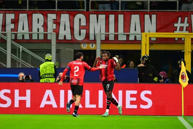 Italy, Milan, 28 11 2023, San Siro Stadium, AC Milan Borussia Dortmund UEFA Champions League 2023 2024 Group F, Samuel Chukwueze of AC Milan celebrates after scoring his team s first goal Milan San Siro Stadium Lombardy Italy  eu-images-560