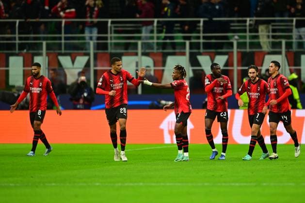 Italy, Milan, 28 11 2023, San Siro Stadium, AC Milan Borussia Dortmund UEFA Champions League 2023 2024 Group F, Samuel Chukwueze of AC Milan celebrates after scoring his team s first goal with team mates Milan San Siro Stadium Lombardy Italy  eu-images-560