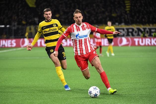 iBERN, SWITZERLAND NOVEMBER 28 Milan Rodic of Crvena zvezda R against Darian Males of Young Boys L during the UEFA Champions League Group Stage match between BSC Young Boys and FK Crvena zvezda at Stadion Wankdorf on November 28, 2023 in Bern, Switzerland Bern Stadion Wankdorf Bern Switzerland Copyright: xJustPictures.ch ManuelxWinterbergerx jp-en-EuSpIm-Y.Boys_Crvena_28Nov2023_00017