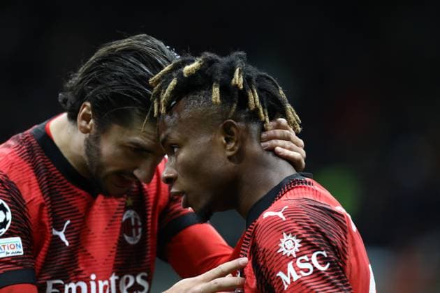 November 28, 2023, Milan, Lombardy, Italy: SAMUEL CHUKWUEZE of AC MILAN reacts to scoring the equalizer in the first half of the UEFA Champions League Group Stage game between AC Milan and Borussia Dortmund on Tuesday November 28th 2023 at Stadio San Siro, Italy Milan Italy - ZUMAc179 20231128_zep_c179_065 Copyright: xMickaelxChavetx