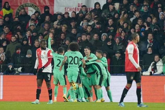 ROTTERDAM, 28-11-2023, Stadium de Kuip, UEFA Champions League, 2023 2024, Group stage, Feyenoord - Atletico Madrid, Atletico Madrid celebrating 0-2 during the match Feyenoord - Atletico Madrid Feyenoord - Atletico Madrid  x23323795x Copyright: