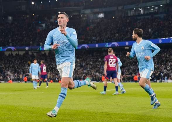 Manchester, England, 28th November 2023. Phil Foden of Manchester City celebrates scoring their second goal during the UEFA Champions League match at the Etihad Stadium, Manchester. Picture credit should read: Andrew Yates Sportimage EDITORIAL USE ONLY. No use with unauthorised audio, video, data, fixture lists, club league logos or live services. Online in-match use limited to 120 images, no video emulation. No use in betting, games or single club league player publications. SPI-2749-0045