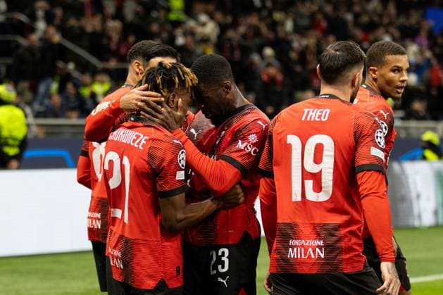 Milan Samu Chukwueze Celebrate with Fikayo Tomori during Ac Milan vs Borussia Dortmund, UEFA Champions League football match in Milan, Italy, November 28 2023  Copyright: xNicolasxMorassutti IPAxSportx xix xx IPA_41918923 IPA_Agency_IPA41918923