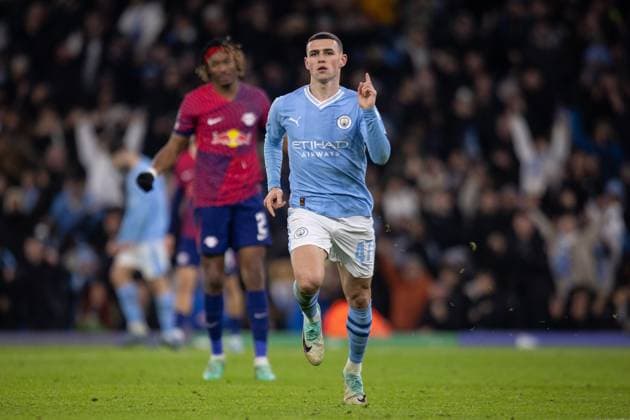 Manchester City v Leipzig Champions League 28 11 2023. GOAL 2-2 Manchester City midfielder Phil Foden (47) scores and celebrates during the Champions League match between Manchester City and Leipzig at the Etihad Stadium, Manchester, England on 28 November 2023. Editorial use only , Copyright: xIanxStephenx PSI-18481-0014