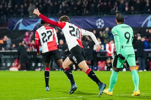 UEFA Champions League: Feyenoord v Atletico Madrid Rotterdam - Mats Wieffer of Feyenoord celebrates the 1-2 during the 5th leg of the UEFA Champions League group stage between Feyenoord v Atletico Madrid at Stadion Feijenoord De Kuip on 28 November 2023 in Rotterdam, The Netherlands. Copyright: xYannickxVerhoevenx