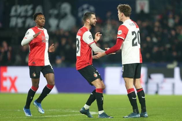 ROTTERDAM, 28-11-2023, Stadium de Kuip, UEFA Champions League, 2023 2024, Group stage, Feyenoord - Atletico Madrid, Feyenoord celebrating 1-2, Feyenoord player Mats Wieffer scores during the match Feyenoord - Atletico Madrid Feyenoord - Atletico Madrid  x23324111x Copyright: