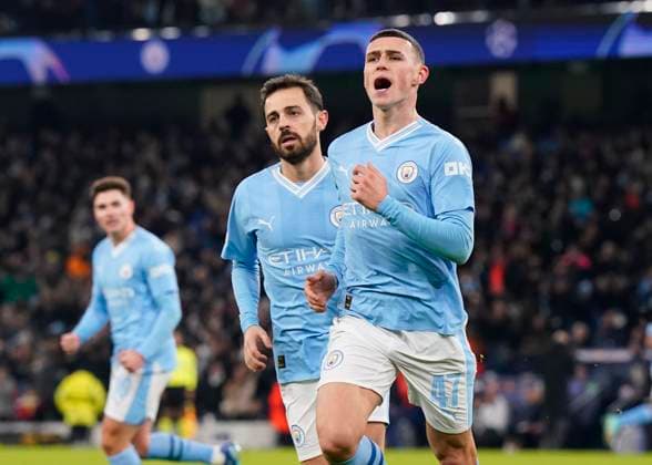 Manchester, England, 28th November 2023. Phil Foden of Manchester City celebrates scoring their second goal during the UEFA Champions League match at the Etihad Stadium, Manchester. Picture credit should read: Andrew Yates Sportimage EDITORIAL USE ONLY. No use with unauthorised audio, video, data, fixture lists, club league logos or live services. Online in-match use limited to 120 images, no video emulation. No use in betting, games or single club league player publications. SPI-2749-0047
