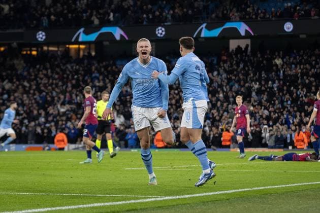 Manchester City v Leipzig Champions League 28 11 2023. GOAL 3-2 Manchester City forward Julian Ãlvarez (19) scores and celebrates during the Champions League match between Manchester City and Leipzig at the Etihad Stadium, Manchester, England on 28 November 2023. Editorial use only , Copyright: xIanxStephenx PSI-18481-0020