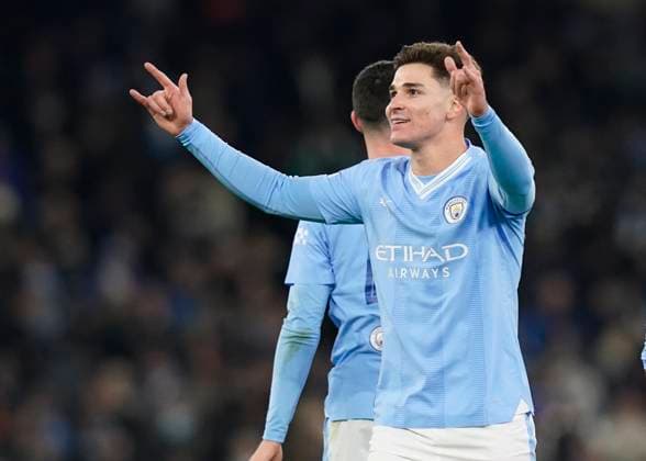 Manchester City v Leipzig - UEFA Champions League - Group G - Etihad Stadium November 28, 2023, MANCHESTER: Manchester, England, 28th November 2023. Julian Alvarez of Manchester City celebrates scoring their third goal during the UEFA Champions League match at the Etihad Stadium, Manchester. (Credit Image: Ã‚Â Andrew Yates Sportimage Cal Media) MANCHESTER EDITORIAL USE ONLY Copyright: xx ZUMA-20231128_faf_si1_202.jpg AndrewxYatesx csmphotothree204874