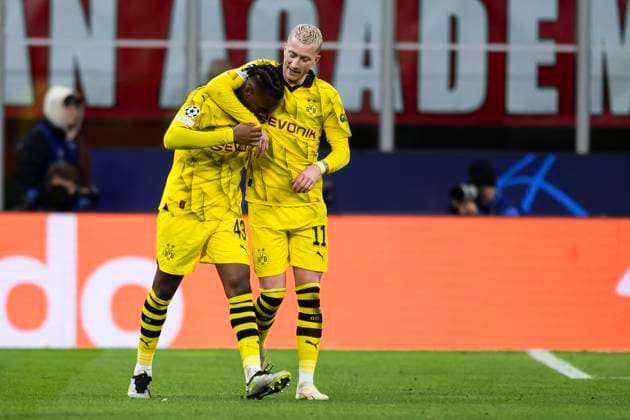 AC Milan v Borussia Dortmund - UEFA Champions League Jamie Bynoe-Gittens of Borussia Dortmund celebrates with Marco Reus of Borussia Dortmund after scoring a goal during the Serie A football match between AC Milan and Borussia Dortmund. Milan Italy Copyright: xNicolòxCampox