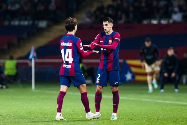 November 28, 2023, Barcelona, Barcelona, Spain: Joao Cancelo and Joao Felix of FC Barcelona, Barca during the UEFA Champions League Group H, match played between FC Barcelona and FC Porto at Olimpic de Montjuic stadium on November 28, 2023 in Barcelona, Spain. Barcelona Spain - ZUMAa181 20231128_zaa_a181_127 Copyright: xJavierxBorregox