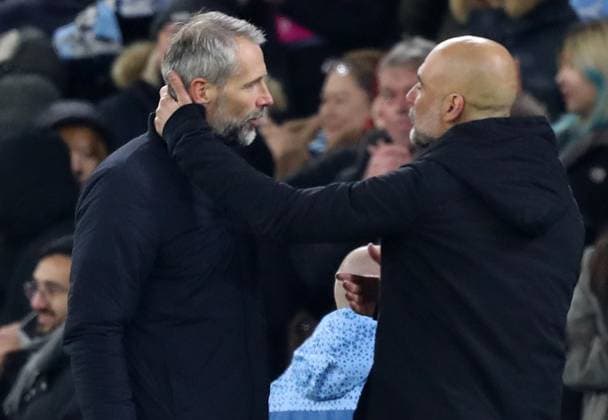 28th November 2023; Etihad Stadium, Manchester, England; Champions League Football, Group Stage, Manchester City versus RB Leipzig; Manchester City manager Pep Guardiola shakes hands with RB Leipzig manager Marcus Rose at full time  ActionPlus12580959 DavidxBlunsden