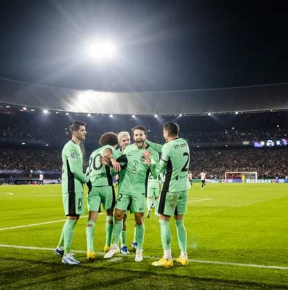 Sport Bilder des Tages ROTTERDAM - (l-r) Alvaro Morata of Atletico Madrid, Axel Witsel of Atletico Madrid, Mario Hermoso of Atletico Madrid and Jose Maria Gimenez of Atletico Madrid celebrate the 0-2 during the UEFA Champions League match in group E between Feyenoord and Atletico Madrid in Feyenoord De Kuip Stadium on November 28, 2023 in Rotterdam, Netherlands. ANP SEM VAN DER WAL UEFA Champions League 2023 24 2023 2024 xVIxANPxSportx xxANPxIVx 484983215 originalFilename: 484983215.jpg