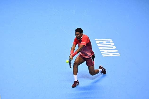 ATP, Tennis Herren NextGen - Jeddah Arthur Fils (FRA) during his first round match at the 2023 ATP NextGen at the King Abdullah Sports City in Jeddah, Saudi Arabia, on November 28, 2023. Photo by Corinne Dubreuil ABACAPRESS.COM Jeddah Saudi Arabia  Copyright: xDubreuilxCorinne ABACAx
