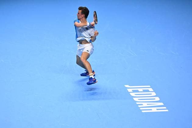 ATP, Tennis Herren NextGen - Jeddah Luca Van Assche (FRA) during his first round match at the 2023 ATP NextGen at the King Abdullah Sports City in Jeddah, Saudi Arabia, on November 28, 2023. Photo by Corinne Dubreuil ABACAPRESS.COM Jeddah Saudi Arabia  Copyright: xDubreuilxCorinne ABACAx