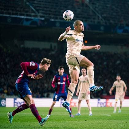 (231129) -- BARCELONA, Nov. 29, 2023 -- Pepe ( 3,top) of Porto heads the ball during the UEFA Champions League Group H match between FC Barcelona, Barca and FC Porto in Barcelona, Spain, on Nov. 28, 2023. (Photo by Xinhua) (SP)SPAIN-BARCELONA-FOOTBALL-UEFA CHAMPIONS LEAGUE-BARCELONA VS FC PORTO JoanxGosa 