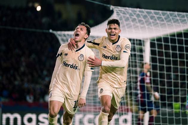 (231129) -- BARCELONA, Nov. 29, 2023 -- Pepe ( 11, L) and Evanilson of Porto celebrate a goal during the UEFA Champions League Group H match between FC Barcelona, Barca and FC Porto in Barcelona, Spain, on Nov. 28, 2023. (Photo by Xinhua) (SP)SPAIN-BARCELONA-FOOTBALL-UEFA CHAMPIONS LEAGUE-BARCELONA VS FC PORTO JoanxGosa 