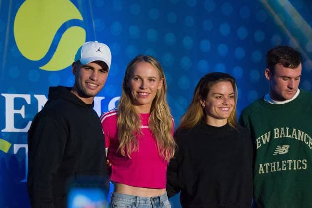 Tennisfest GNP press conference, PK, Pressekonferenz - Mexico Maria Sakkari of Greece, Caroline Wozniacki of Denmark, Carlos Alcaraz of Spain, Tommy Paul of USA speak to the media during a press conference prior to the Tennisfest GNP 2023 at Hayat Regency Hotel on November 28, 2023 in Mexico City, Mexico. Photo by Carlos Tischler Eyepix Group ABACAPRESS.COM Mexico City Mexico  Copyright: xTischlerxCarlos Eyepix ABACAx